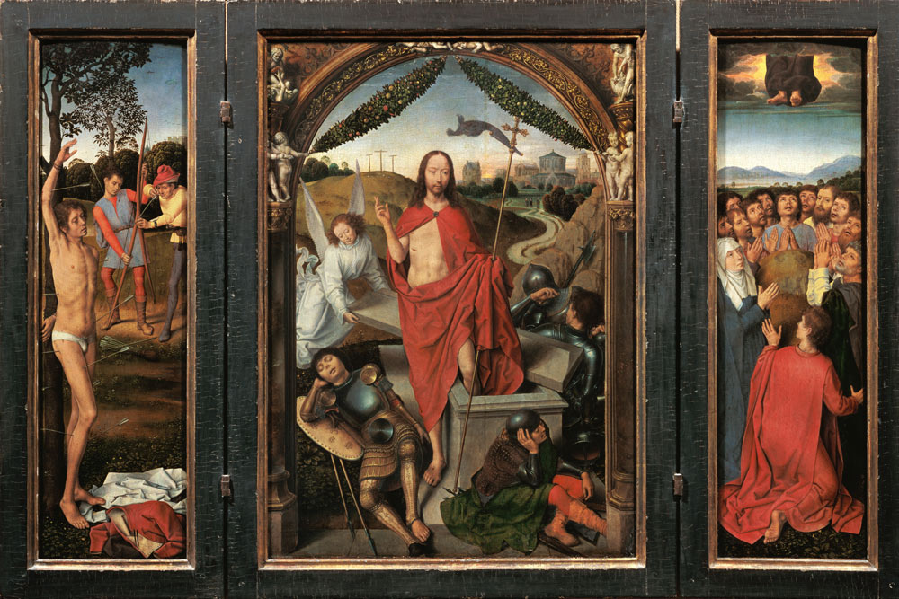 Resurrection altar, triptych (hl. Sebastian, resurrection, Ascension Day) a Hans Memling