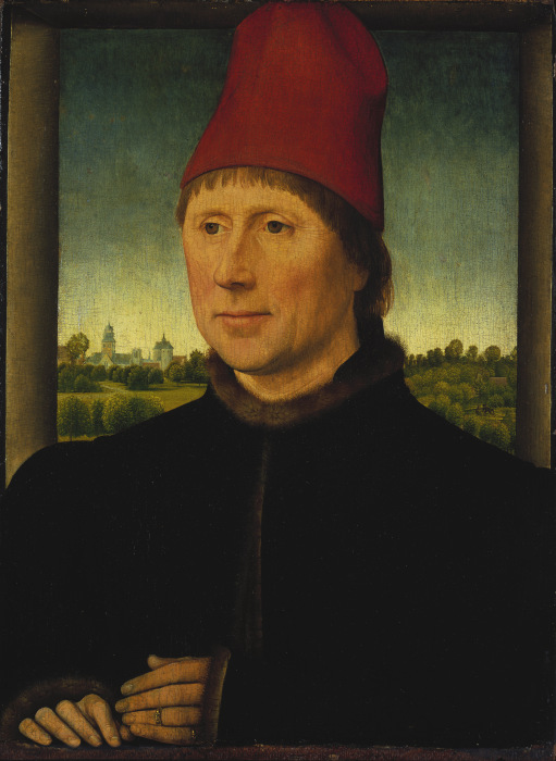 Portrait of a Man Wearing a High Red Cap a Hans Memling