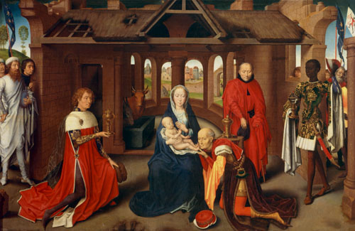 Three king altar, middle panel -- adoration of the kings a Hans Memling
