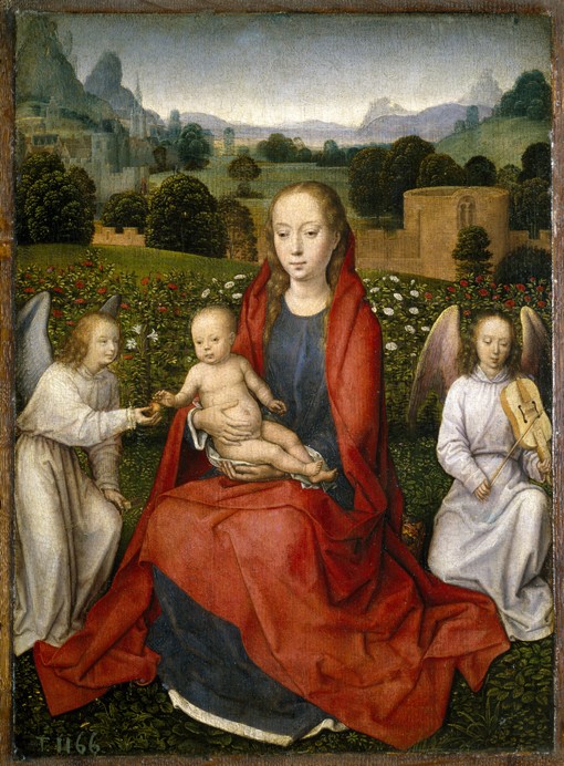Virgin and child and two angels a Hans Memling