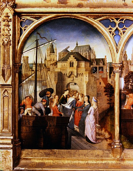 St. Ursula and her companions landing at Cologne, from the Reliquary of St. Ursula, before 1489 a Hans Memling