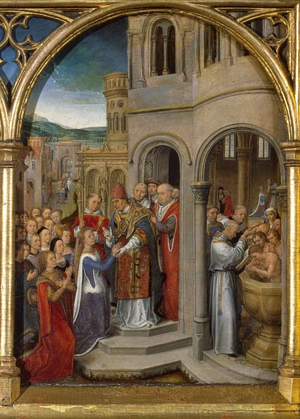The arrival of St. Ursula and her companions in Rome to meet Pope Cyriacus, from the Reliquary of St a Hans Memling