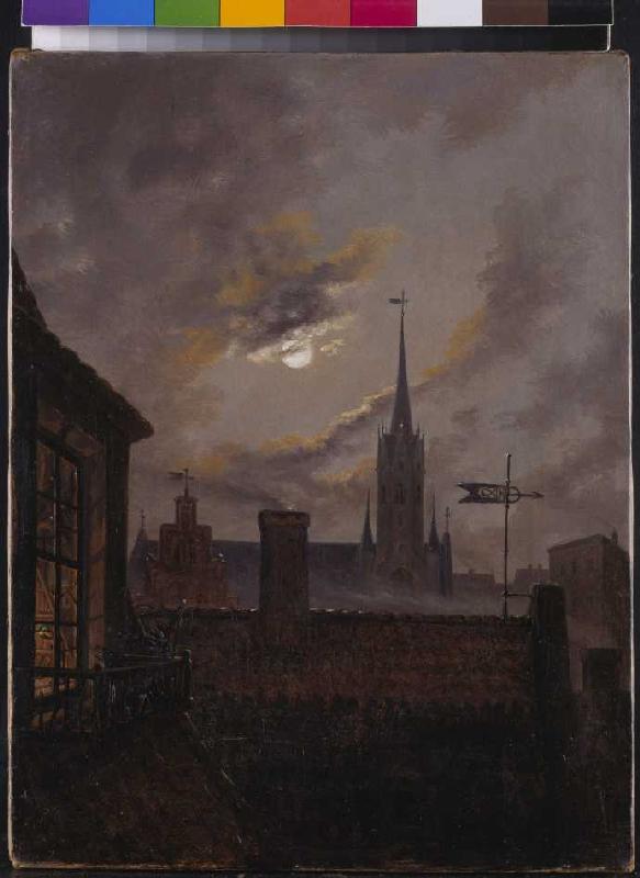Deutscher Mondschein (Blick über Dächer auf eine gotische Kirche im Mondschein) a Hans von Aachen