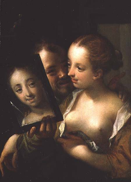 Laughing Couple with a mirror a Hans von Aachen