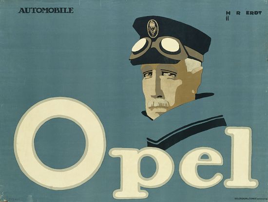 German advertisement for 'Opel' brand cars, printed by Hollerbaum & Schmidt, Berlin a Hans Rudi Erdt