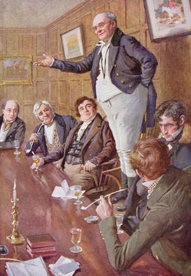 Mr Pickwick Adresses the Club, illustration for 'Character Sketches from Dickens' compiled by B.W. M a Harold Copping
