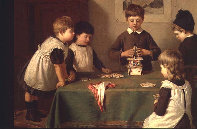 A Critical Moment, detail of children building a house of cards, 1889  a Harry Brooker