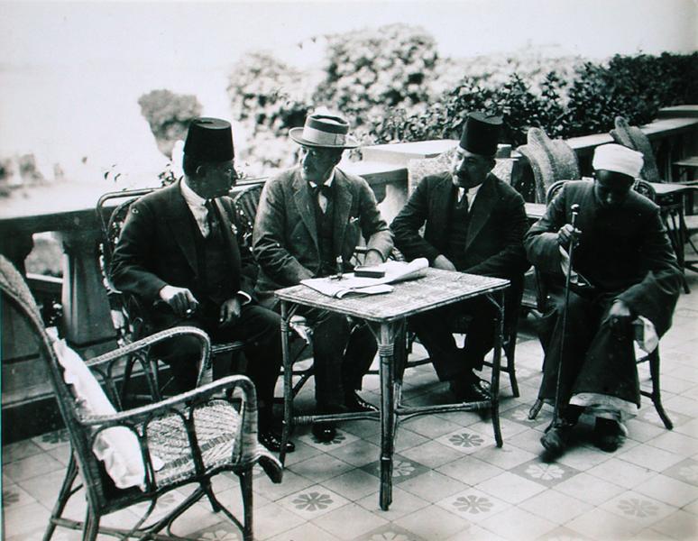 L to R: H.E. Abd El Aziz Yehieh Bey, Governor of Kena, Lord Carnarvon (1866-1923) Mohamed Fahmy Bey, a Harry Burton