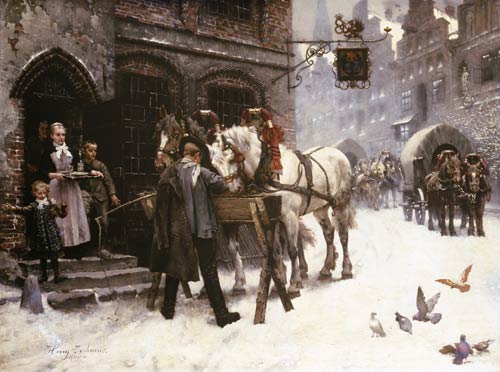 Pferdefüttern in front of an inn in winter a Harry Jochmus