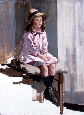 Portrait of a young girl in a pink dress and a straw hat (panel) a Harry Watson