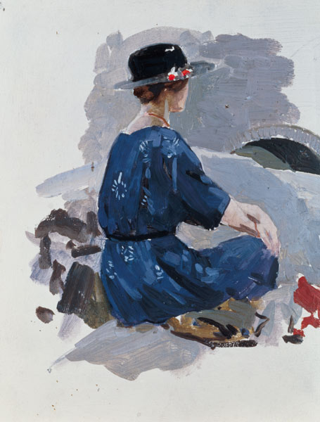 Woman in a blue dress and wide brimmed hat sitting upon rocks (oil on paper) a Harry Watson