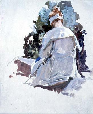 Woman in a white dress sitting upon rocks (oil on paper) a Harry Watson