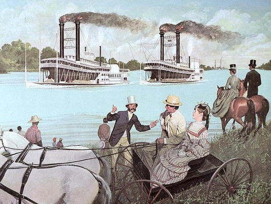 The Great Mississippi Steamboat Race, 1870 (colour litho) a H.C. McBarron