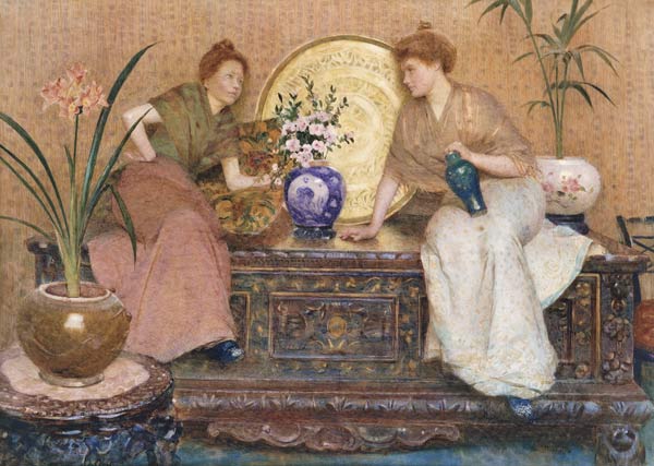 Zwei Damen auf einer Truhe sitzend. a Hector Caffieri
