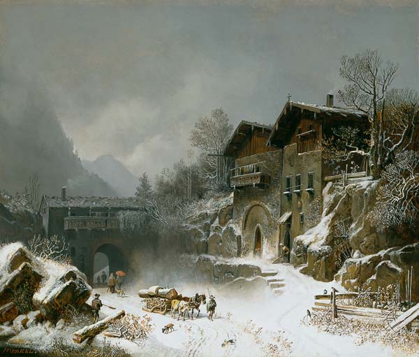 The houses of rat mountain in winter a Heinrich Bürkel