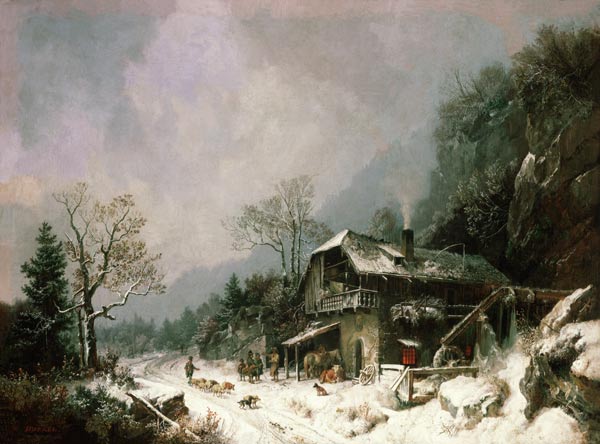 Winter landscape at a smithy a Heinrich Bürkel