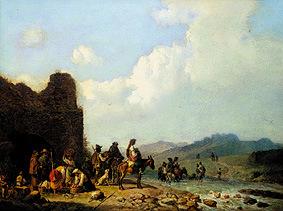 Campagna landscape with pulling country people in front of a ruin a Heinrich Bürkel