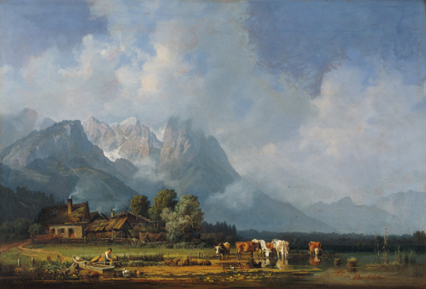 Fishing village in the Bavarian uplands. a Heinrich Bürkel