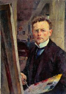 Self-portrait at the easel. a Heinrich Eduard Linde-Walther