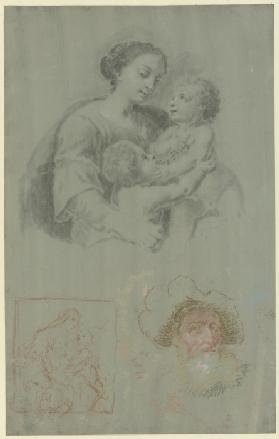 Studienblatt mit einer Madonna mit dem Kind und dem Johannesknaben, dazu ein bärtiger Mann mit Mütze