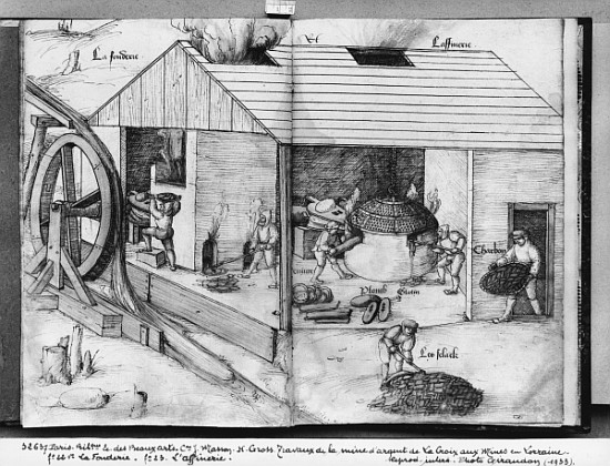 Silver mine of La Croix-aux-Mines, Lorraine, fol.22v and fol.23r, foundry and refining, c.1530 a Heinrich Gross or Groff