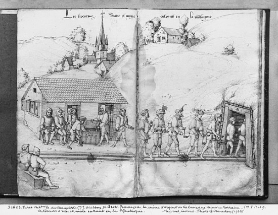 Silver mine of La Croix-aux-Mines, Lorraine, fol.8v and fol.9r, miners entering the mine, c.1530 a Heinrich Gross or Groff