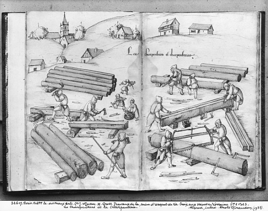 Silver mine of La Croix-aux-Mines, Lorraine, fol.2v and fol.3r, carpenters and carpentry, c.1530 a Heinrich Gross or Groff