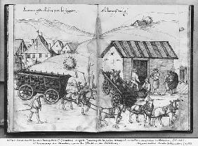 Silver mine of La Croix-aux-Mines, Lorraine, fol.5v and fol.6r, transporting and delivering coal for