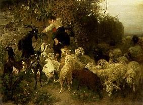 Boys at this feed of goats and sheep a Heinrich von Zügel