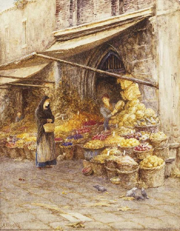 Ein Marktstand an Fuße des Campanile von San Giovanni Elemosinario in Venedig. a Helen Allingham