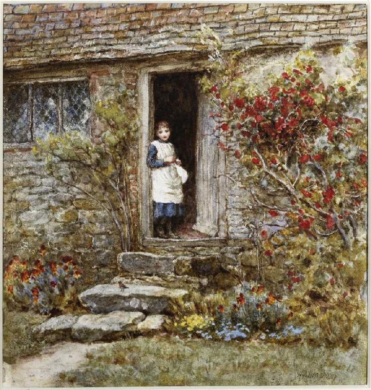 Mädchen in der Tür eines Bauernhauses. a Helen Allingham