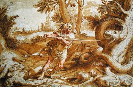 Cadmus about to attack a Dragon a Hendrick Goltzius