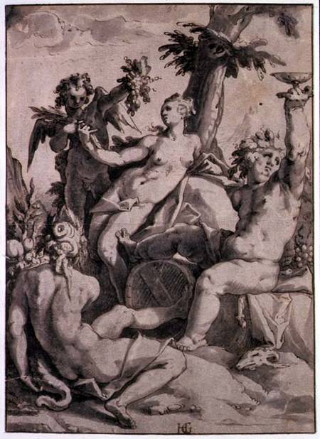 Ceres, Venus and Bacchus  & ink and grey wash on a Hendrick Goltzius