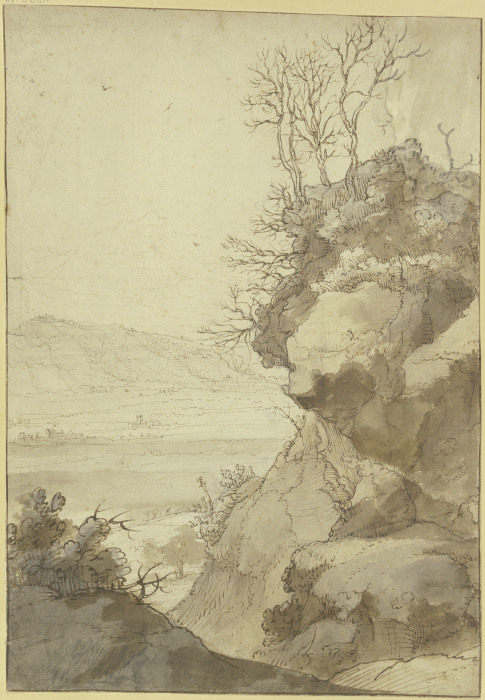 Landschaft, rechts eine große Felspartie mit dürren Bäumen a Hendrick Mommers