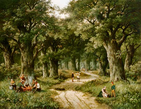 Country people at a fire place on the edge of a woodland path. a Hendrik Barend Koekkoek