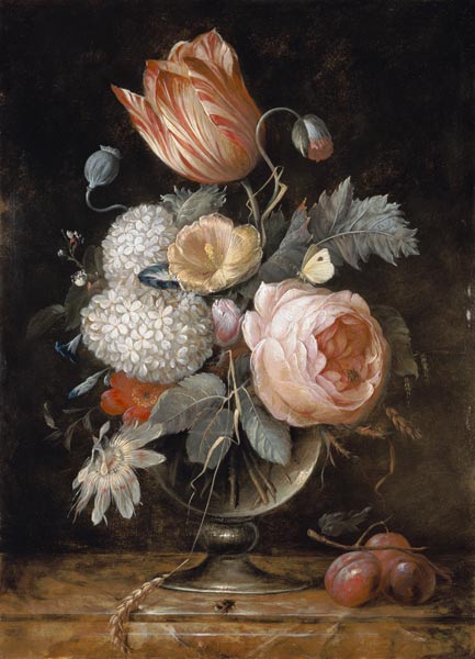 Blumenstrauss into glass vase with insects and plums a Hendrik de Fromantiou
