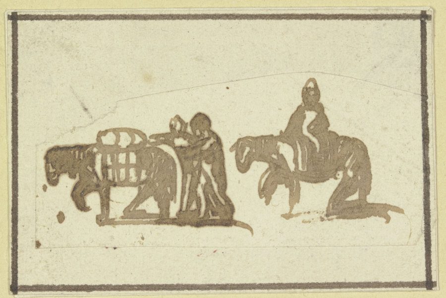 Ein Packpferd, von zwei Männern gefolgt, dahinter ein Reiter a Hendrik Goudt