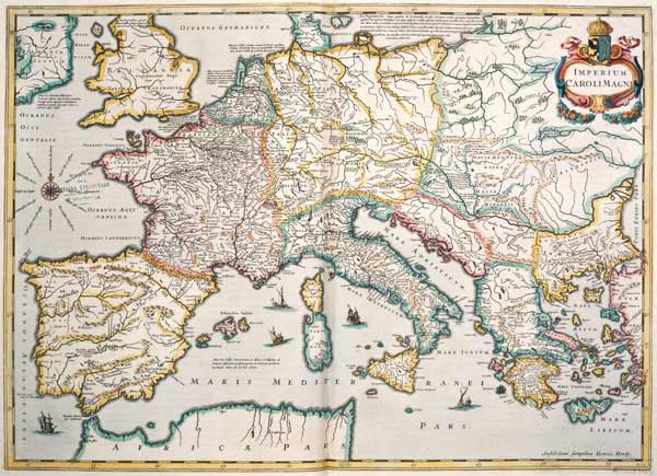 The Empire of Charlemagne (742-814) from 'Le Nouveau Theatre du Monde', 1639 (coloured engraving) a Hendrik I Hondius