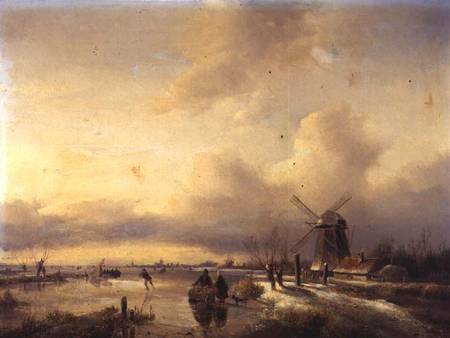 Figures in a Frozen River Landscape (panel) a Hendrik Jacobus Scholten