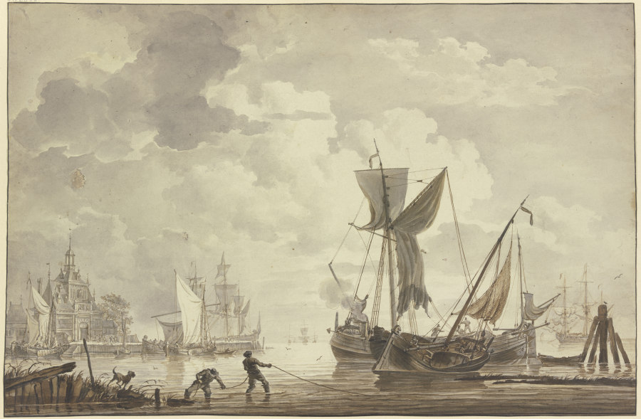 Hafen, links ein Gebäude mit großem Portal, zwei Matrosen ziehen ein Seil aus dem Wasser a Hendrik Kobell