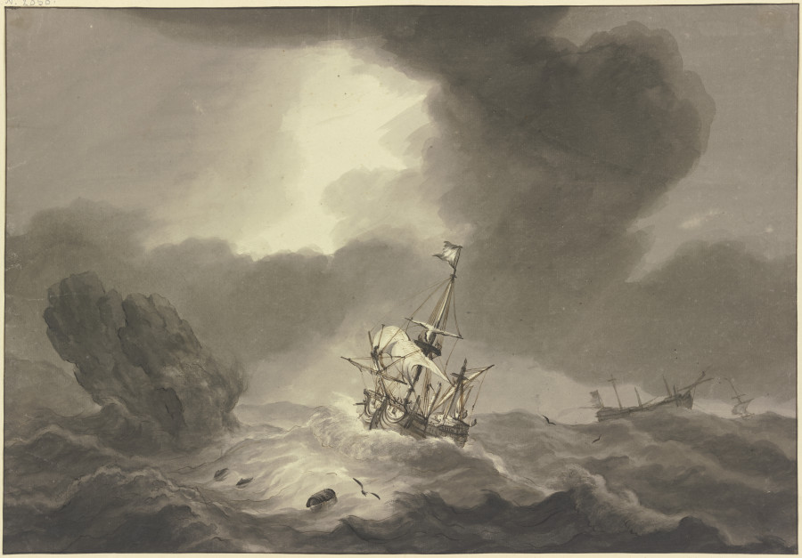 Seesturm, rechts ein entmastetes Schiff, links ein Felsen, an welchem ein Schiff vorbeisegelt a Hendrik Kobell