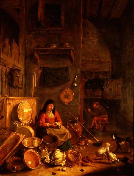 A Kitchen Interior with a Woman Peeling Potatoes beside a Dog, a Man Smoking in front of a Fire beyo a Hendrik Martensz. Sorgh