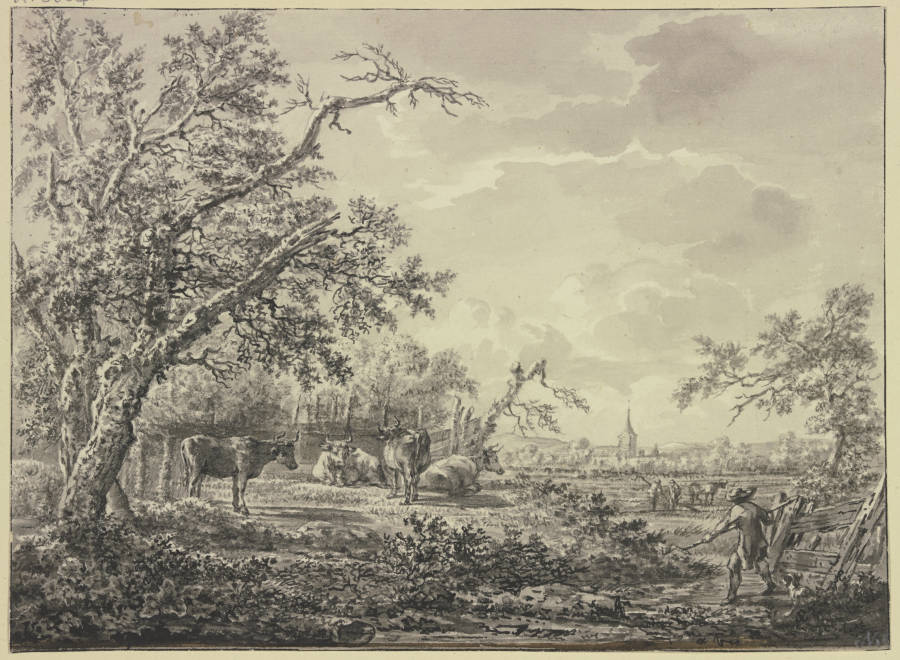 Am Waldesrand bei einem Zaun Vieh und ein Hirte a Hendrik Schepper