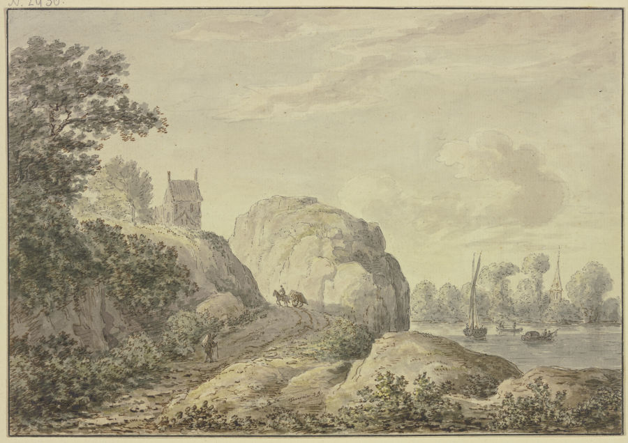 Felsiges Ufer an einem Fluß, links oben eine Kapelle a Hendrik Tavenier