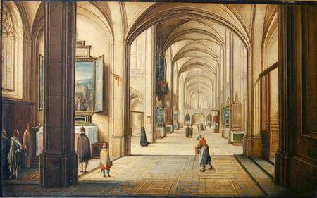 Church interior with a sacristan showing a painting to visitors a Hendrik van Steenwyk
