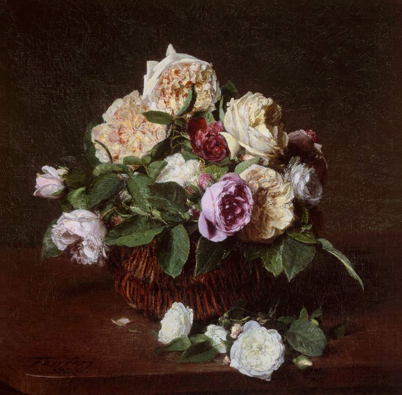 Roses in a Basket on a Table a Henri Fantin-Latour