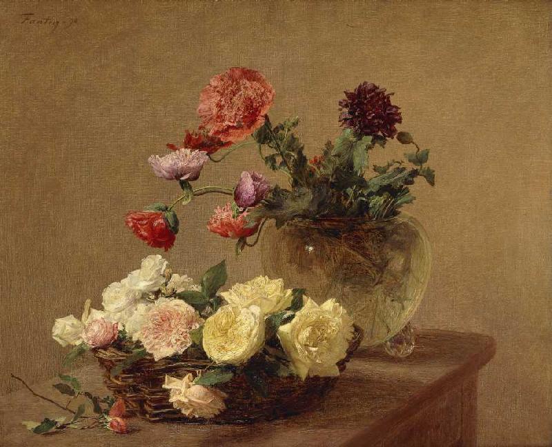 Flowers into glass vase and basket with roses a Henri Fantin-Latour