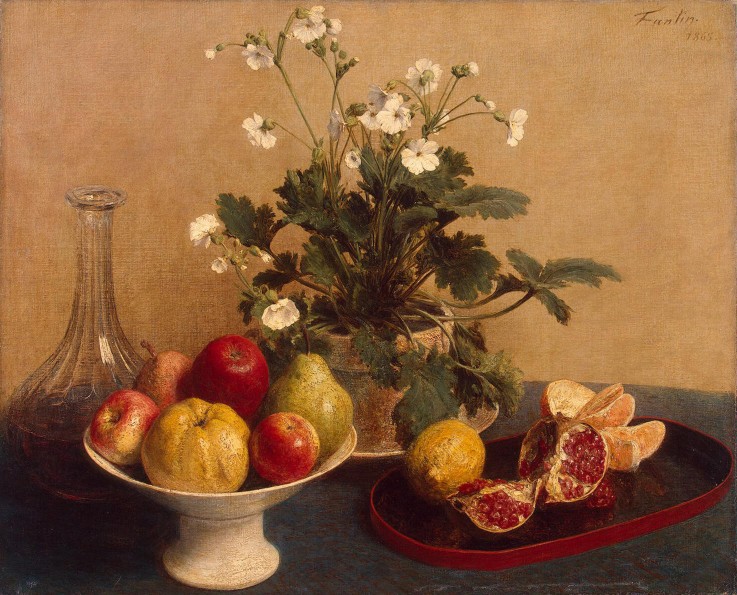 Flowers, Dish with Fruit and Carafe a Henri Fantin-Latour