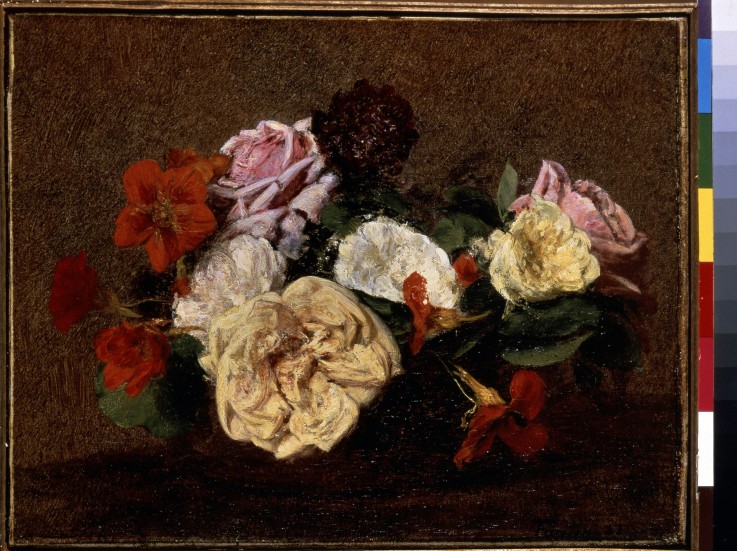 Roses and Nasturtiums in a Vase a Henri Fantin-Latour