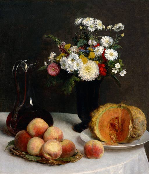 Still Life with Decanter, Flowers and Fruits a Henri Fantin-Latour